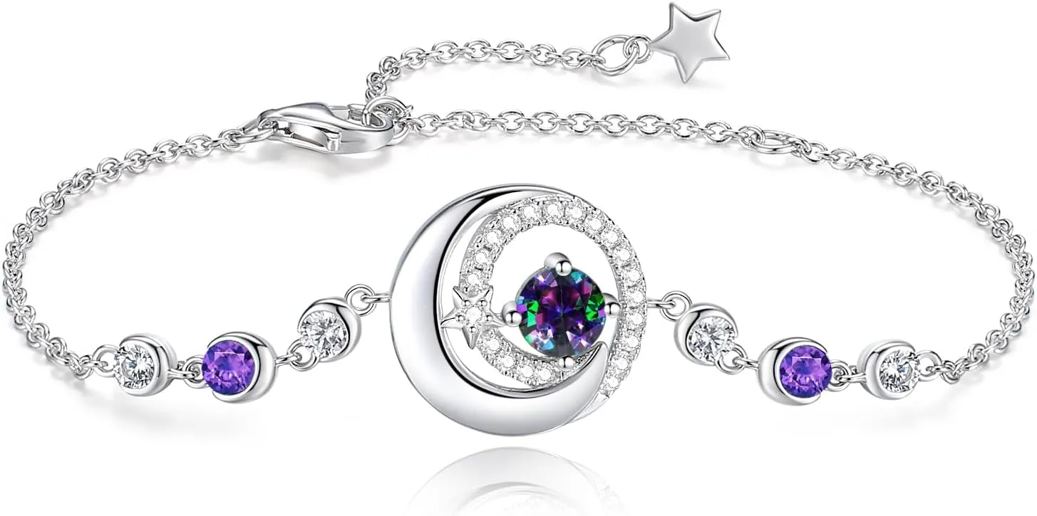 FANCIME Birthstone Bracelets 925 Sterling Silver Moon and Star Bangle Charm Bracelet Fine Jewelry Birthday Anniversary Christmas Day Gift for Her Women, Adjustable Chain 6.7" 1.2" Extend