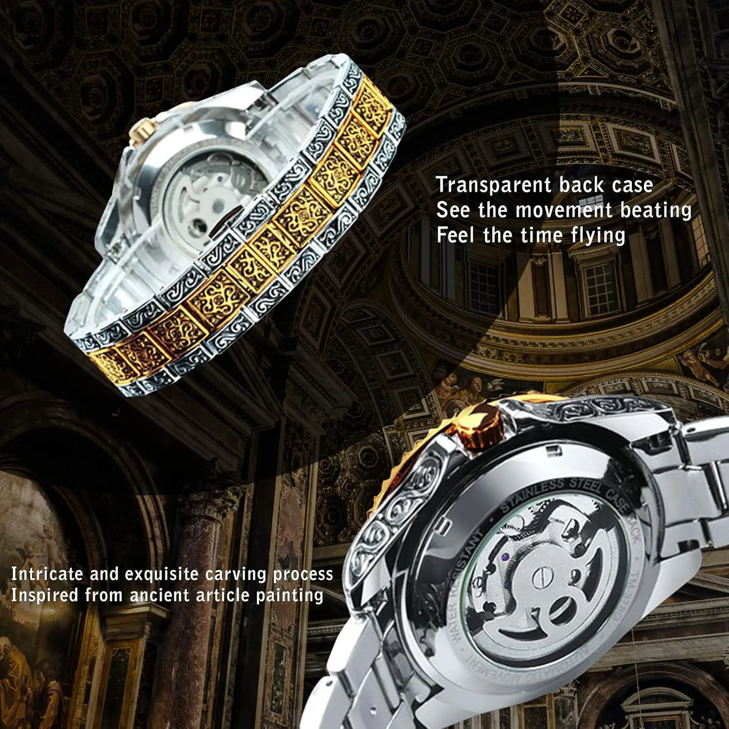 FANMIS Mens Luxury Engraving Wrist Watches Unique Tattoo Pattern Carved Stainless Steel Band Luminous Automatic Skeleton Watch