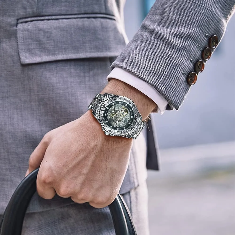 FANMIS Mens Luxury Engraving Wrist Watches Unique Tattoo Pattern Carved Stainless Steel Band Luminous Automatic Skeleton Watch