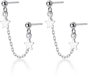 Fashion Double Stars Dangling Tassle Stud Earrings S925 Sterling Silver Chain Dangle Drop Climber Crawler Bead Ball Studs 2 Hole Piercing Hypoallergenic Earring Cute Jewelry for Women Teen Girls Daughter