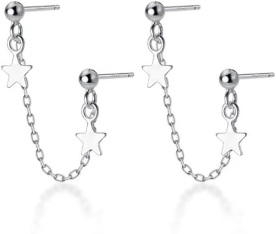 Fashion Double Stars Dangling Tassle Stud Earrings S925 Sterling Silver Chain Dangle Drop Climber Crawler Bead Ball Studs 2 Hole Piercing Hypoallergenic Earring Cute Jewelry for Women Teen Girls Daughter