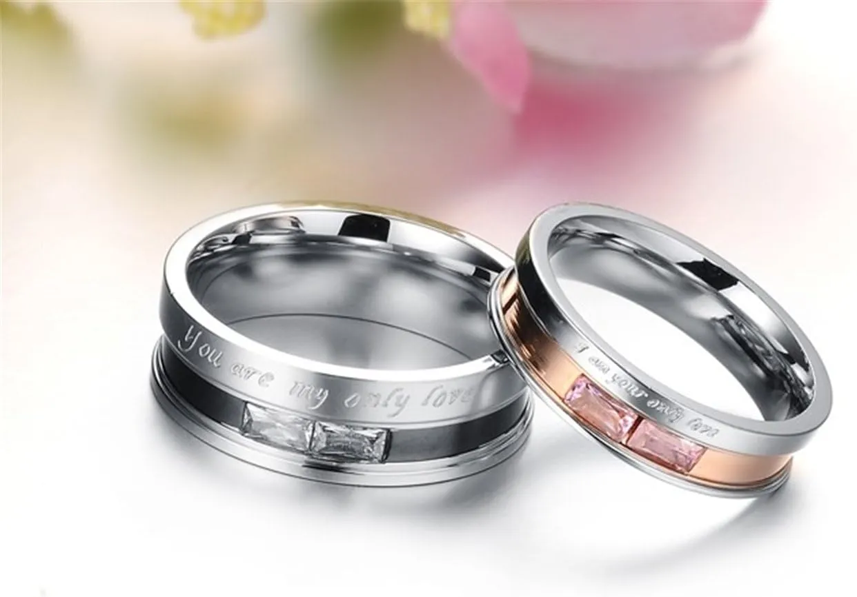 Fashion Month Men Womens Stainless Steel Engrave Only Love Couples Ring Engagement Promise Silver Band Crystal Inlay