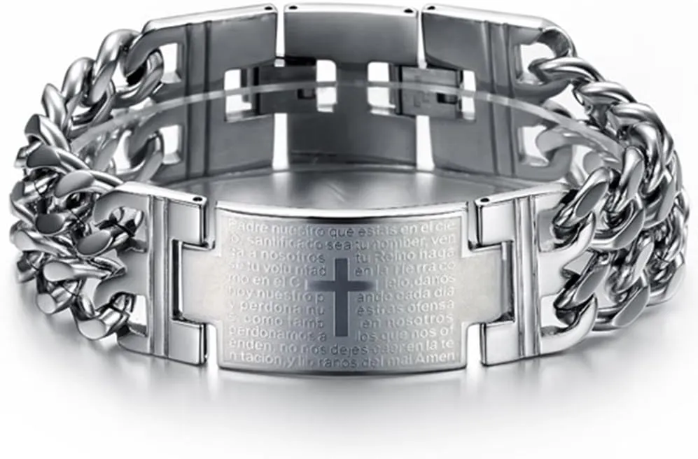 Fashion Month Mens Stainless Steel Bangle Engraved Spanish Bible Lords Prayer Cross Link ID Stretch Silver Bracelet