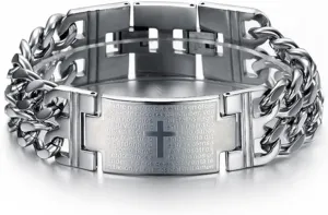 Fashion Month Mens Stainless Steel Bangle Engraved Spanish Bible Lords Prayer Cross Link ID Stretch Silver Bracelet