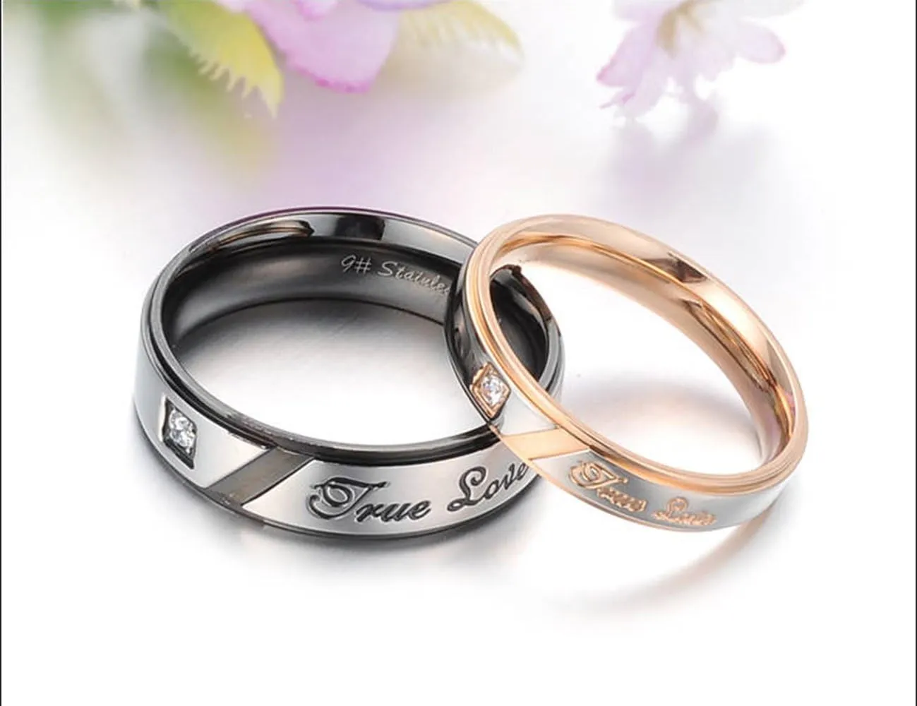 Fashion Month Mens Womens Black Rose Gold Stainless Steel Engrave True Love Couples Ring Wedding Silver Band CZ Inlay