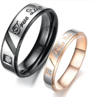 Fashion Month Mens Womens Black Rose Gold Stainless Steel Engrave True Love Couples Ring Wedding Silver Band CZ Inlay
