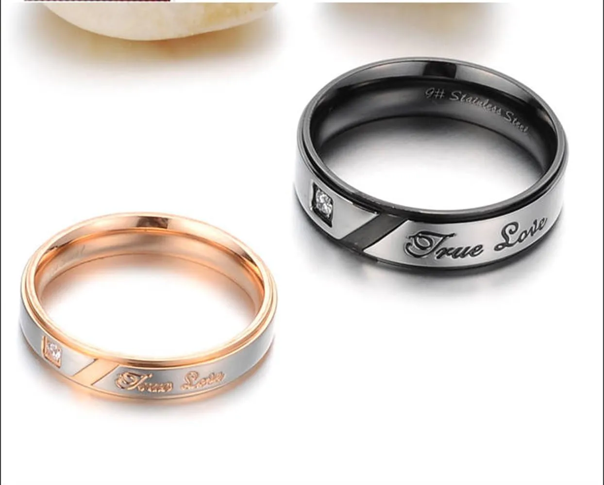 Fashion Month Mens Womens Black Rose Gold Stainless Steel Engrave True Love Couples Ring Wedding Silver Band CZ Inlay