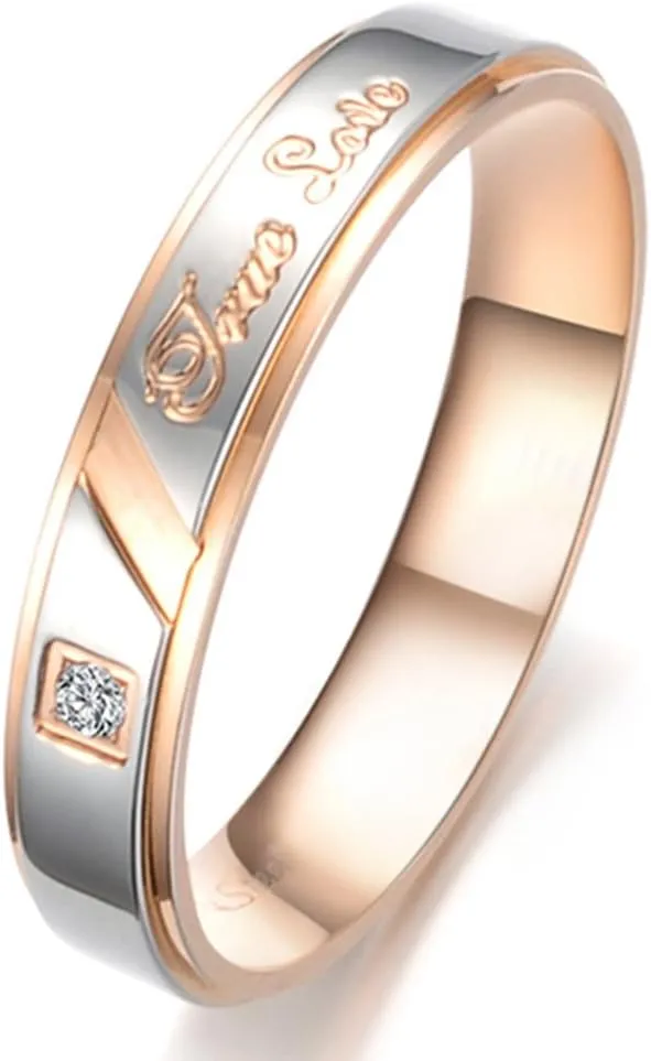 Fashion Month Mens Womens Black Rose Gold Stainless Steel Engrave True Love Couples Ring Wedding Silver Band CZ Inlay
