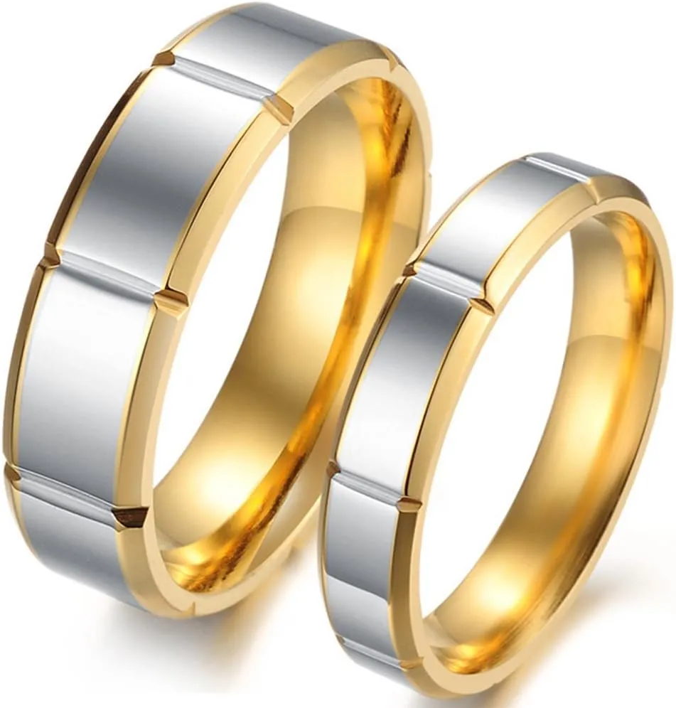 Fashion Month Mens Womens Gold Stainless Steel Channel Set Couple Silver Ring Engagement Wedding Promise Grooved Band