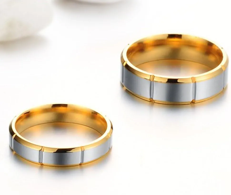 Fashion Month Mens Womens Gold Stainless Steel Channel Set Couple Silver Ring Engagement Wedding Promise Grooved Band