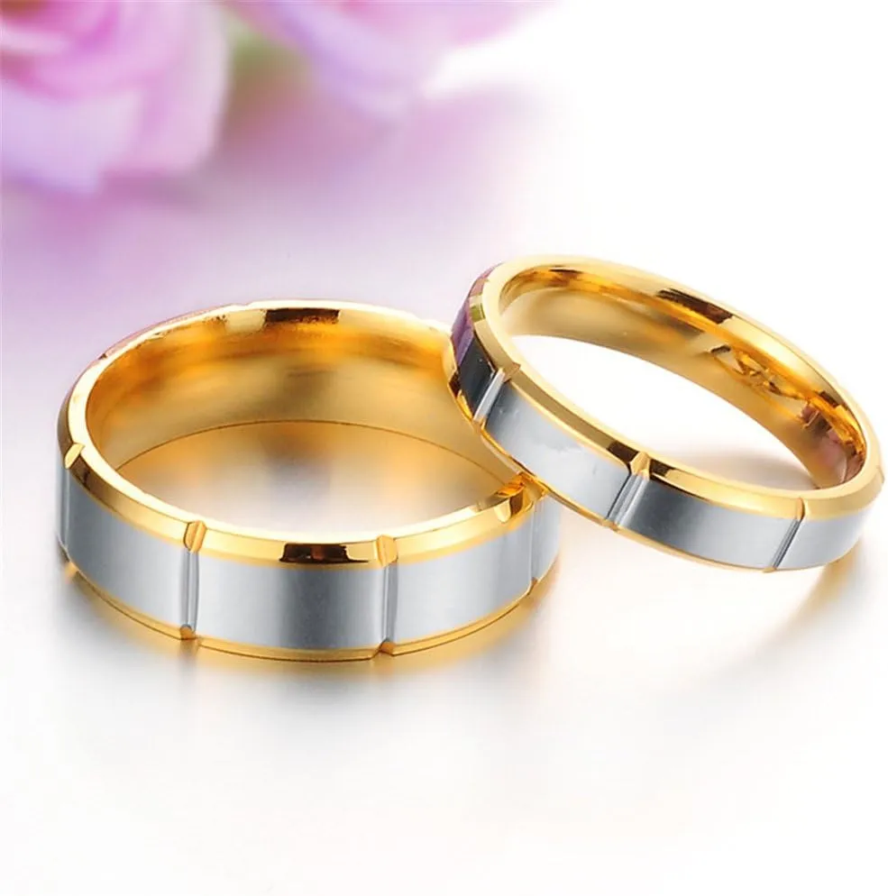 Fashion Month Mens Womens Gold Stainless Steel Channel Set Couple Silver Ring Engagement Wedding Promise Grooved Band