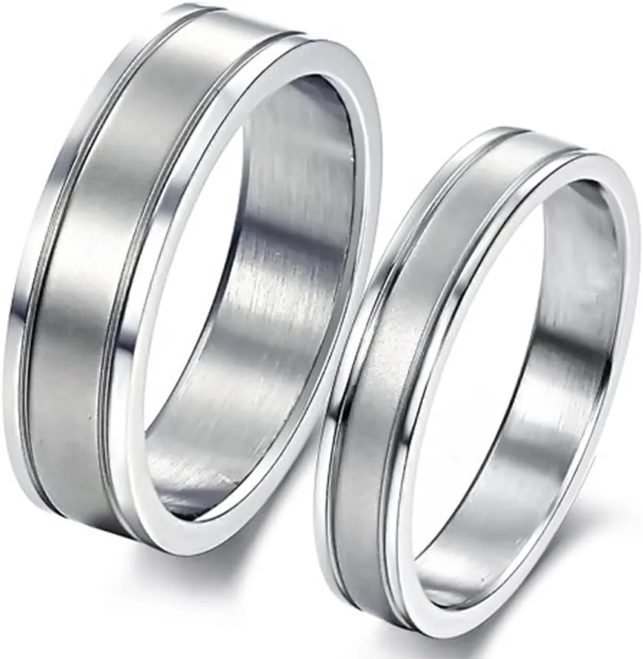 Fashion Month Mens Womens Sample Style Stainless Steel White Gold Ring Couple Engagement Wedding Silver Grooved Band