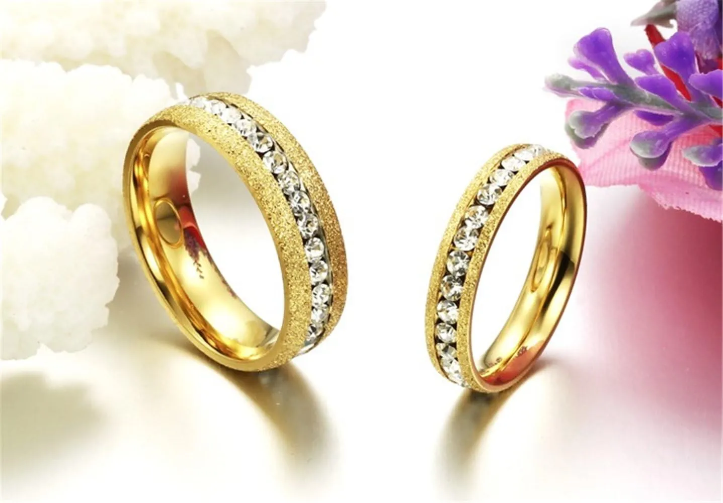 Fashion Month Mens Womens Stainless Steel Channel Set Round CZ Sandblast Finish Couple Engagement Wedding Golden Ring