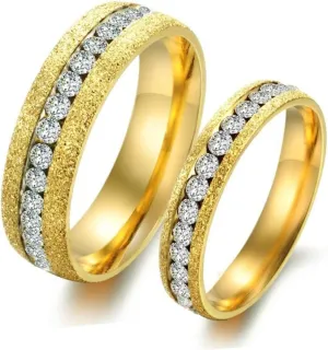 Fashion Month Mens Womens Stainless Steel Channel Set Round CZ Sandblast Finish Couple Engagement Wedding Golden Ring
