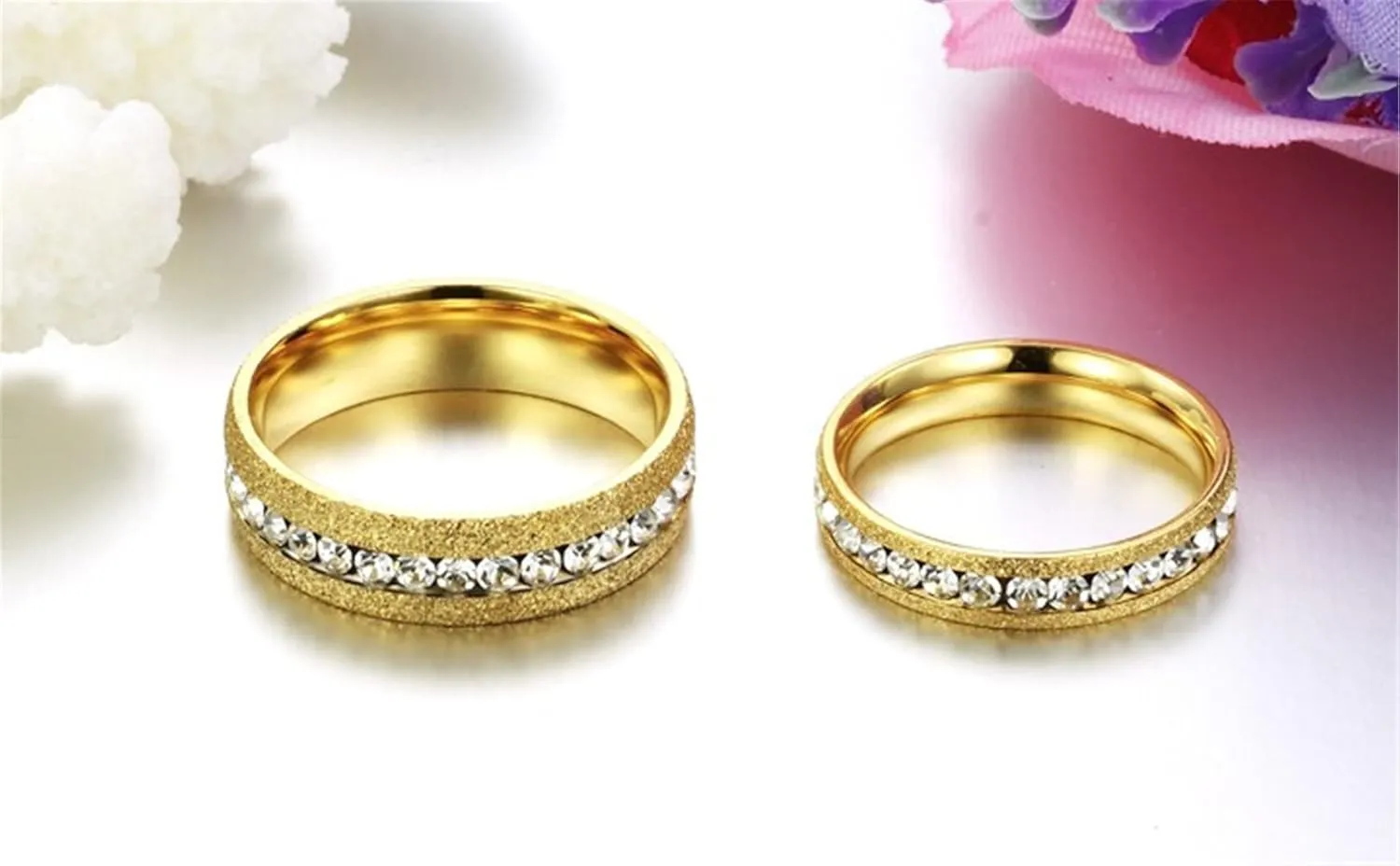 Fashion Month Mens Womens Stainless Steel Channel Set Round CZ Sandblast Finish Couple Engagement Wedding Golden Ring