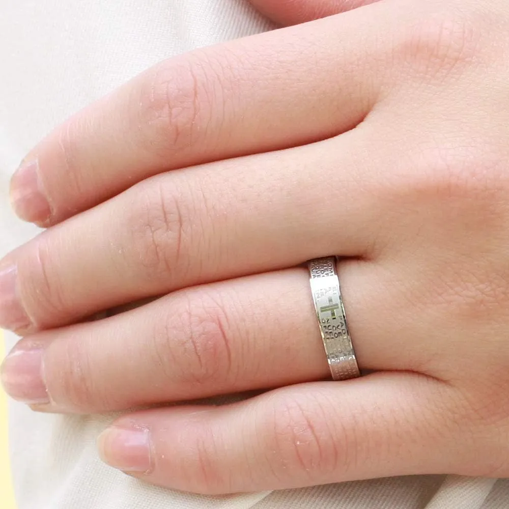 Fashion Month Mens Womens Stainless Steel Vintage Silver Couple Ring Spanish Bible Lords Prayer Cross White Gold Band