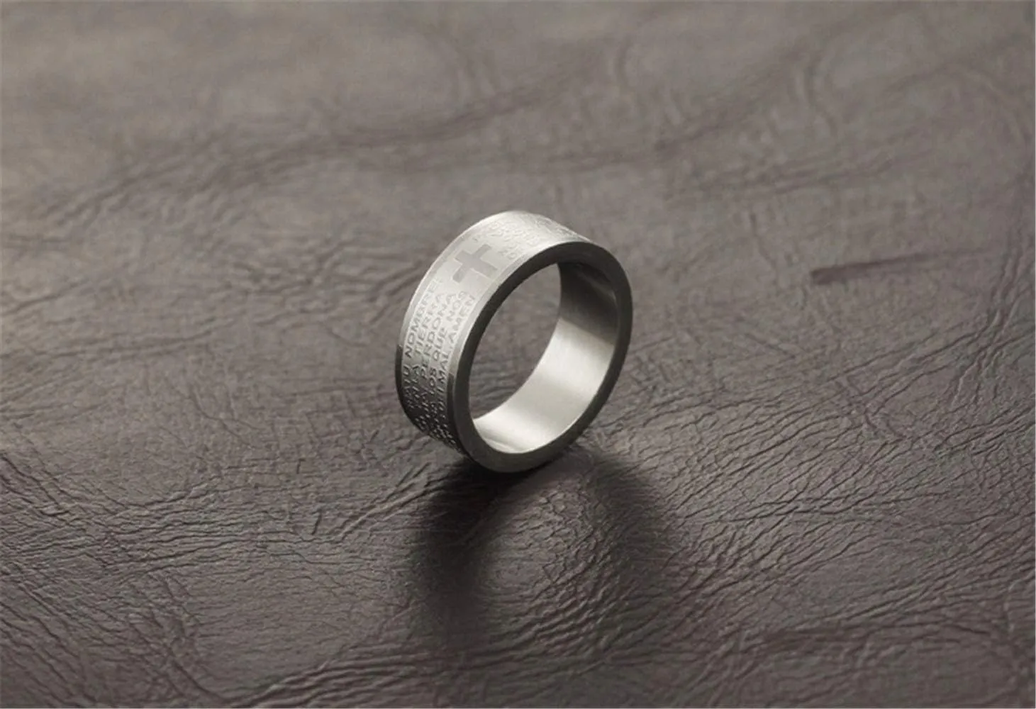 Fashion Month Mens Womens Stainless Steel Vintage Silver Couple Ring Spanish Bible Lords Prayer Cross White Gold Band