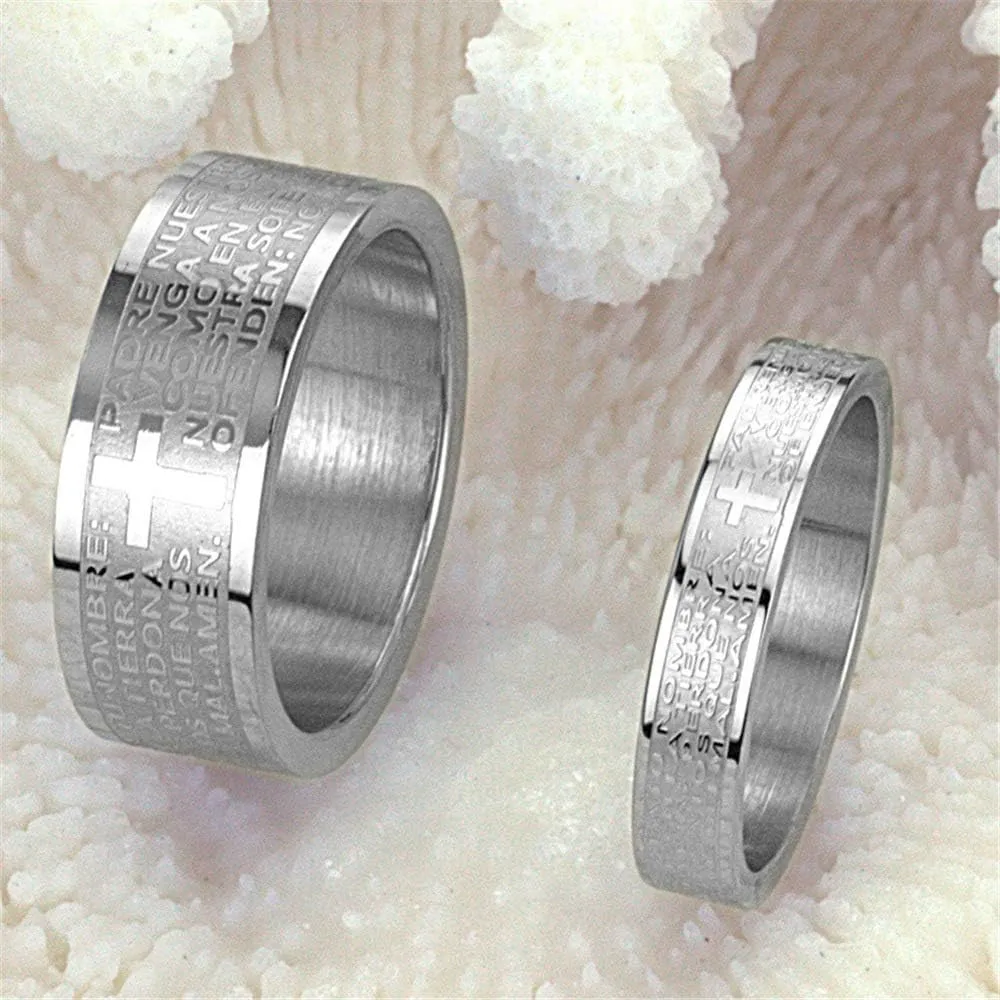 Fashion Month Mens Womens Stainless Steel Vintage Silver Couple Ring Spanish Bible Lords Prayer Cross White Gold Band