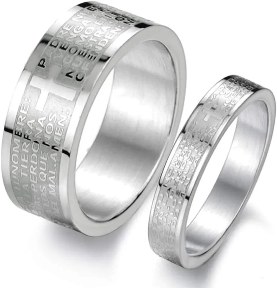 Fashion Month Mens Womens Stainless Steel Vintage Silver Couple Ring Spanish Bible Lords Prayer Cross White Gold Band