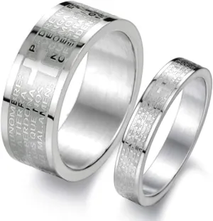 Fashion Month Mens Womens Stainless Steel Vintage Silver Couple Ring Spanish Bible Lords Prayer Cross White Gold Band