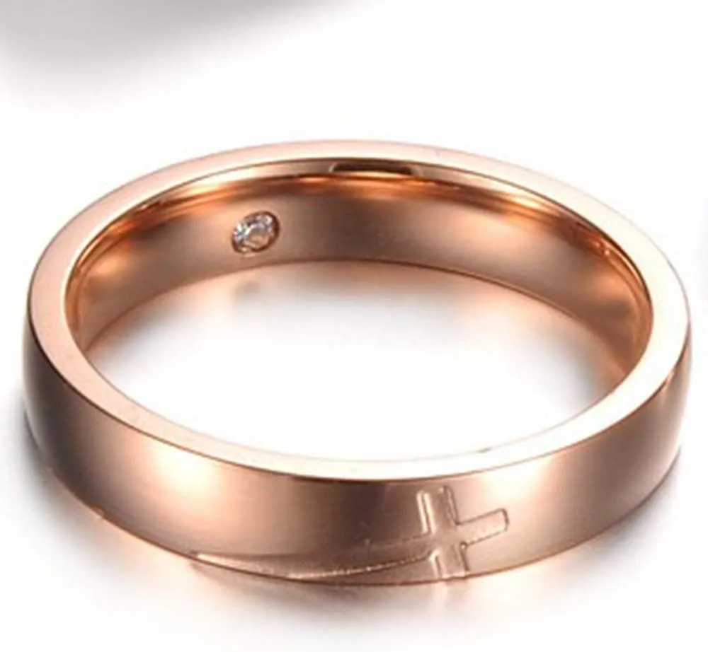 Fashion Month Women 4mm Vintage Stainless Steel Engrave Cross Rose Gold Ring Christian Engagement Wedding Band CZ Inlay