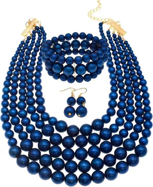 Faux Pearl Necklace Set - Multi Strand, Bib, Earrings & Bracelet - 1920s Costume Jewelry