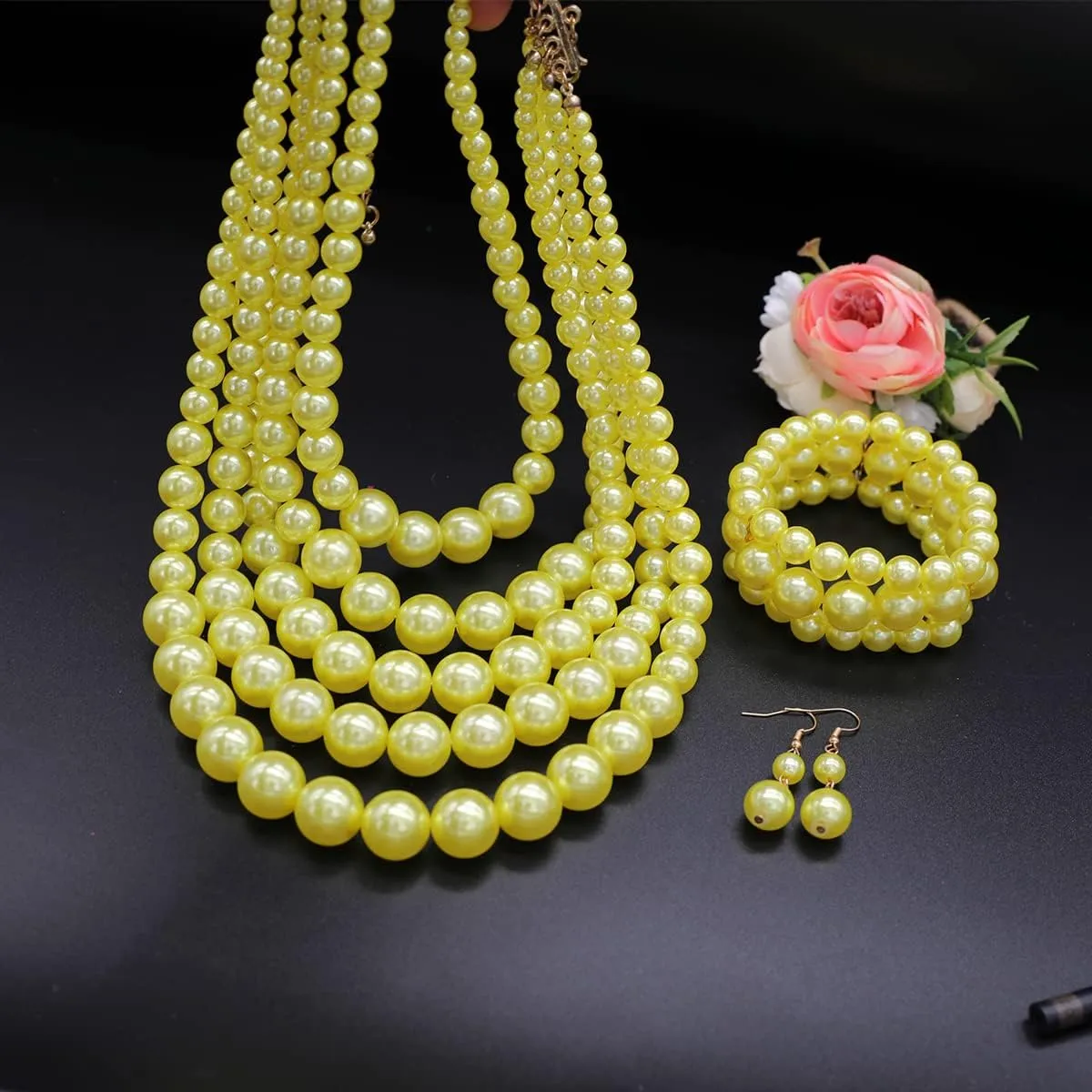 Faux Pearl Necklace Set - Multi Strand, Bib, Earrings & Bracelet - 1920s Costume Jewelry