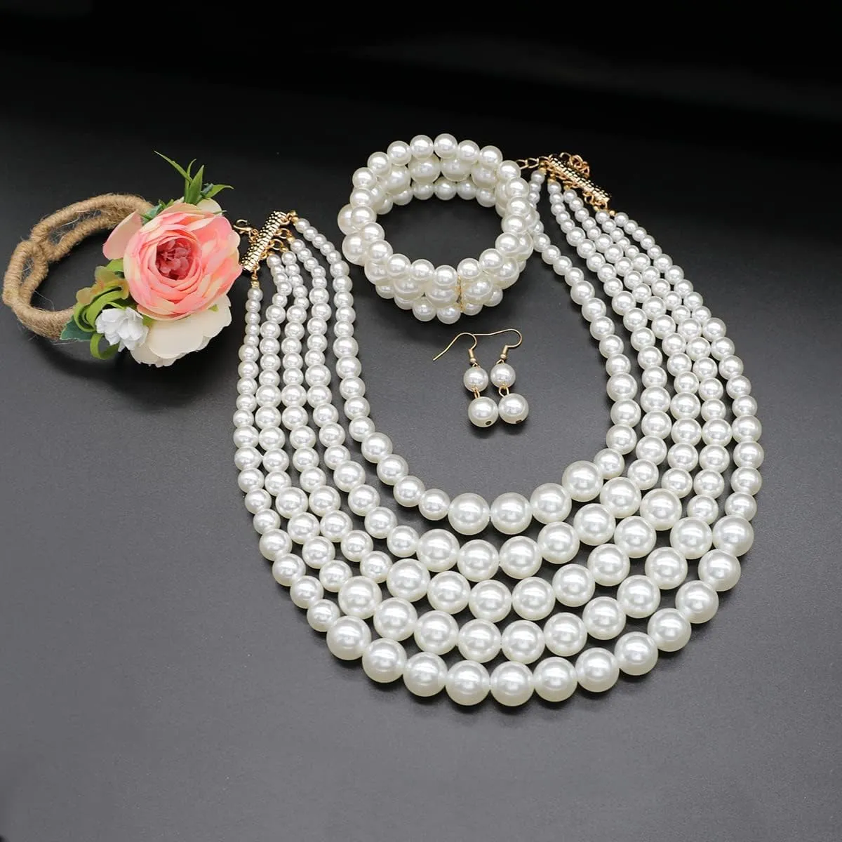 Faux Pearl Necklace Set - Multi Strand, Bib, Earrings & Bracelet - 1920s Costume Jewelry
