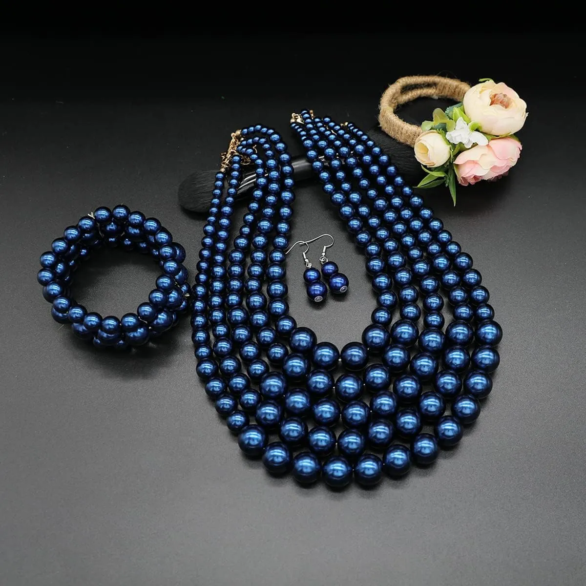 Faux Pearl Necklace Set - Multi Strand, Bib, Earrings & Bracelet - 1920s Costume Jewelry