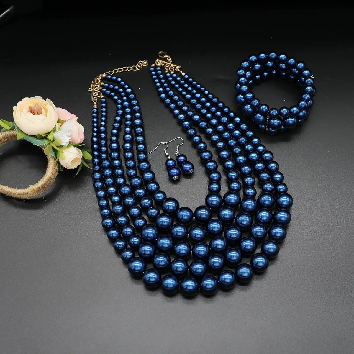Faux Pearl Necklace Set - Multi Strand, Bib, Earrings & Bracelet - 1920s Costume Jewelry