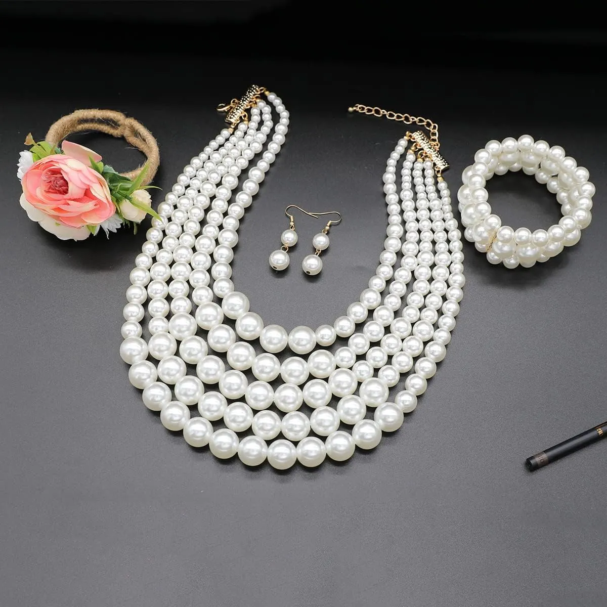 Faux Pearl Necklace Set - Multi Strand, Bib, Earrings & Bracelet - 1920s Costume Jewelry
