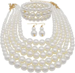 Faux Pearl Necklace Set - Multi Strand, Bib, Earrings & Bracelet - 1920s Costume Jewelry