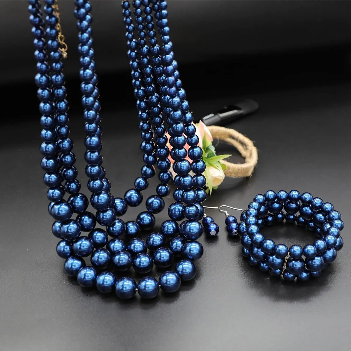 Faux Pearl Necklace Set - Multi Strand, Bib, Earrings & Bracelet - 1920s Costume Jewelry