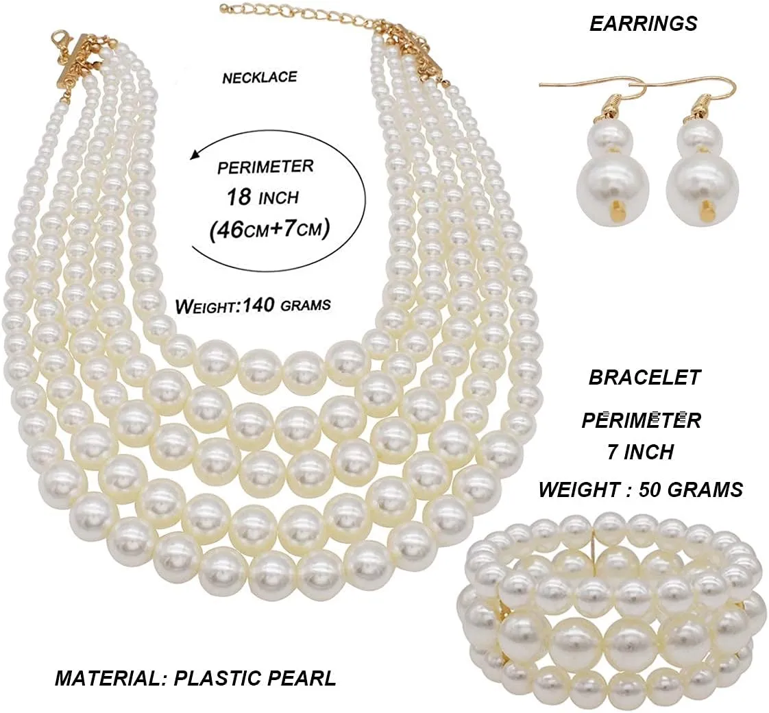 Faux Pearl Necklace Set - Multi Strand, Bib, Earrings & Bracelet - 1920s Costume Jewelry