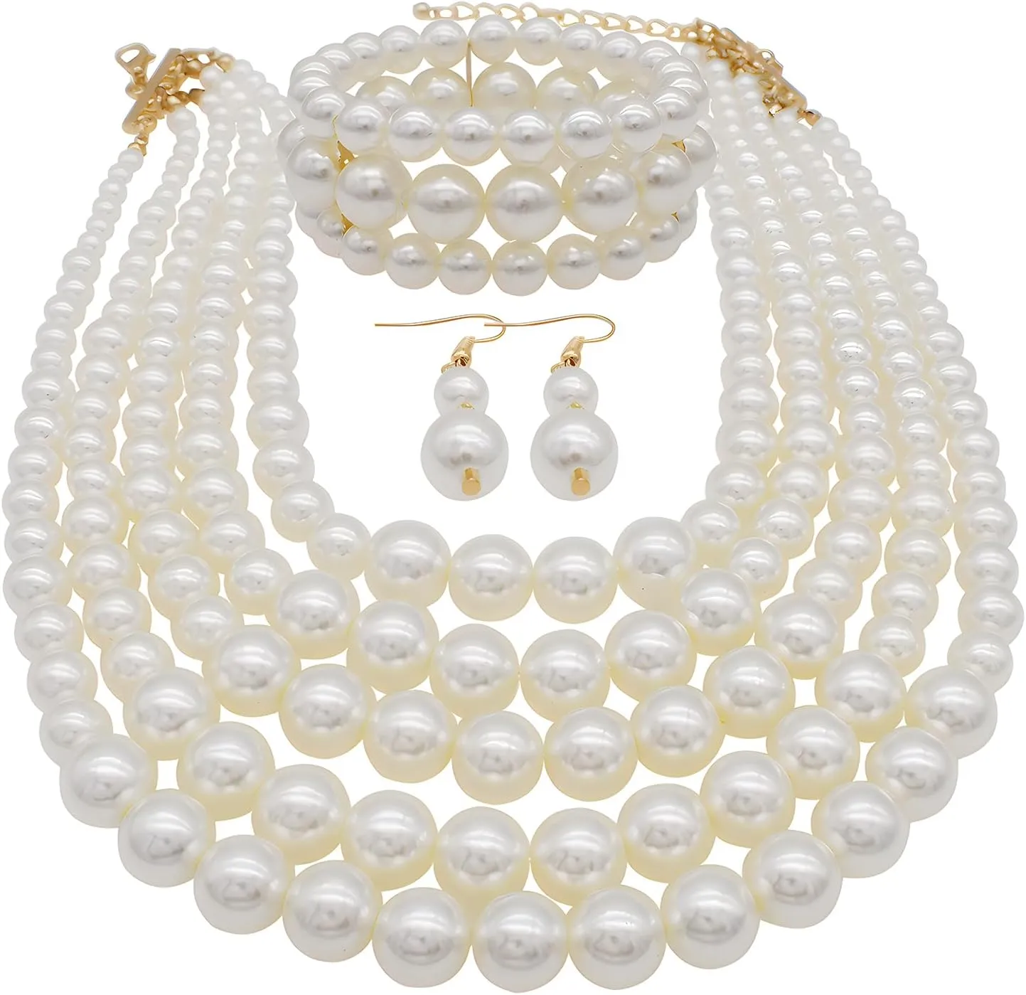 Faux Pearl Necklace Set - Multi Strand, Bib, Earrings & Bracelet - 1920s Costume Jewelry