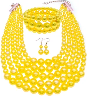 Faux Pearl Necklace Set - Multi Strand, Bib, Earrings & Bracelet - 1920s Costume Jewelry