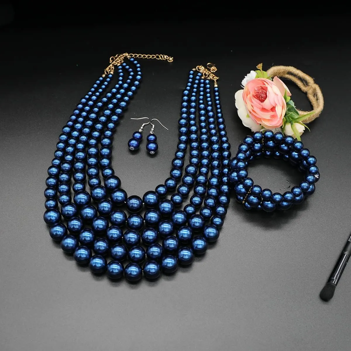 Faux Pearl Necklace Set - Multi Strand, Bib, Earrings & Bracelet - 1920s Costume Jewelry