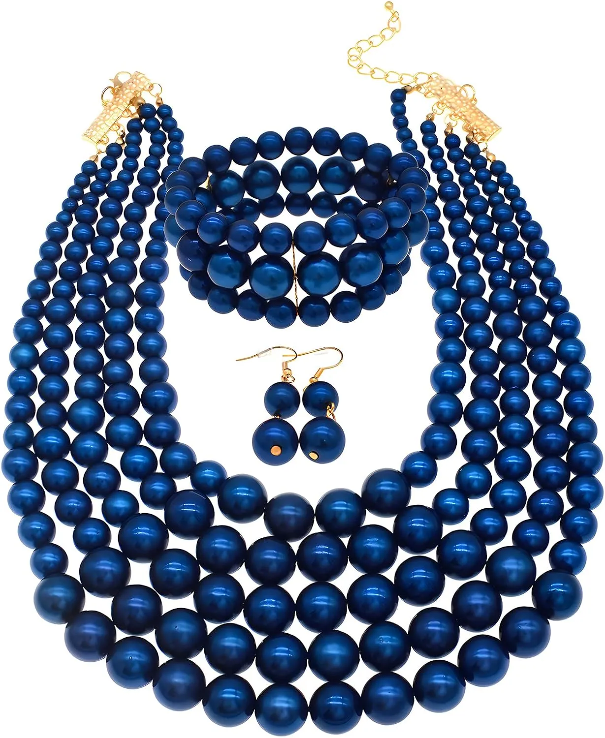 Faux Pearl Necklace Set - Multi Strand, Bib, Earrings & Bracelet - 1920s Costume Jewelry