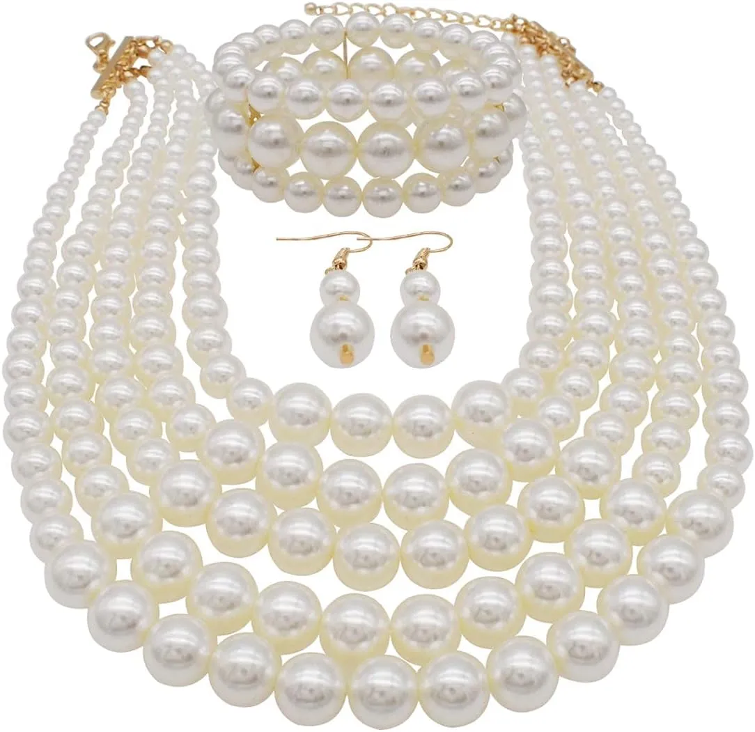 Faux Pearl Necklace Set - Multi Strand, Bib, Earrings & Bracelet - 1920s Costume Jewelry