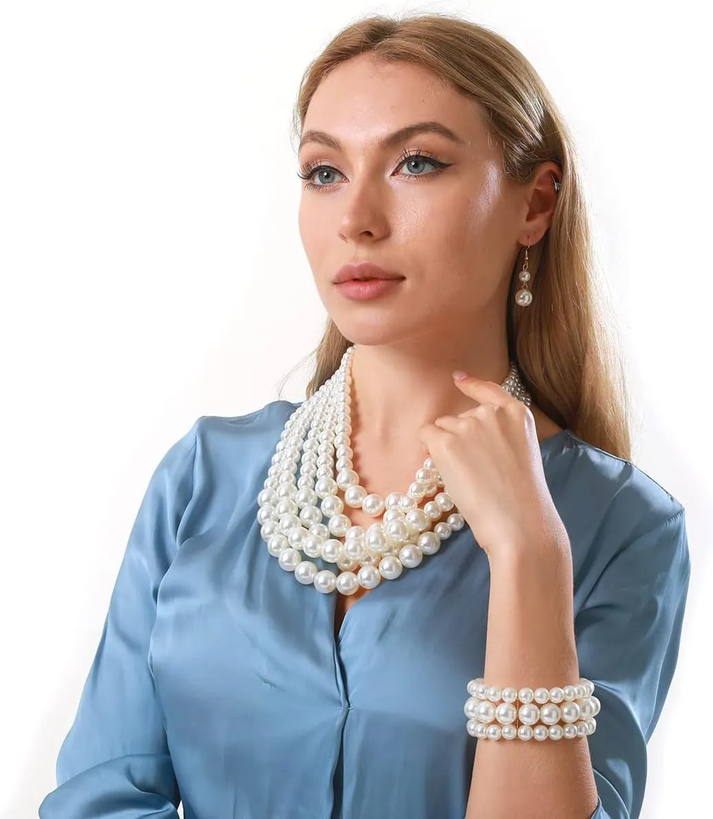 Faux Pearl Necklace Set - Multi Strand, Bib, Earrings & Bracelet - 1920s Costume Jewelry