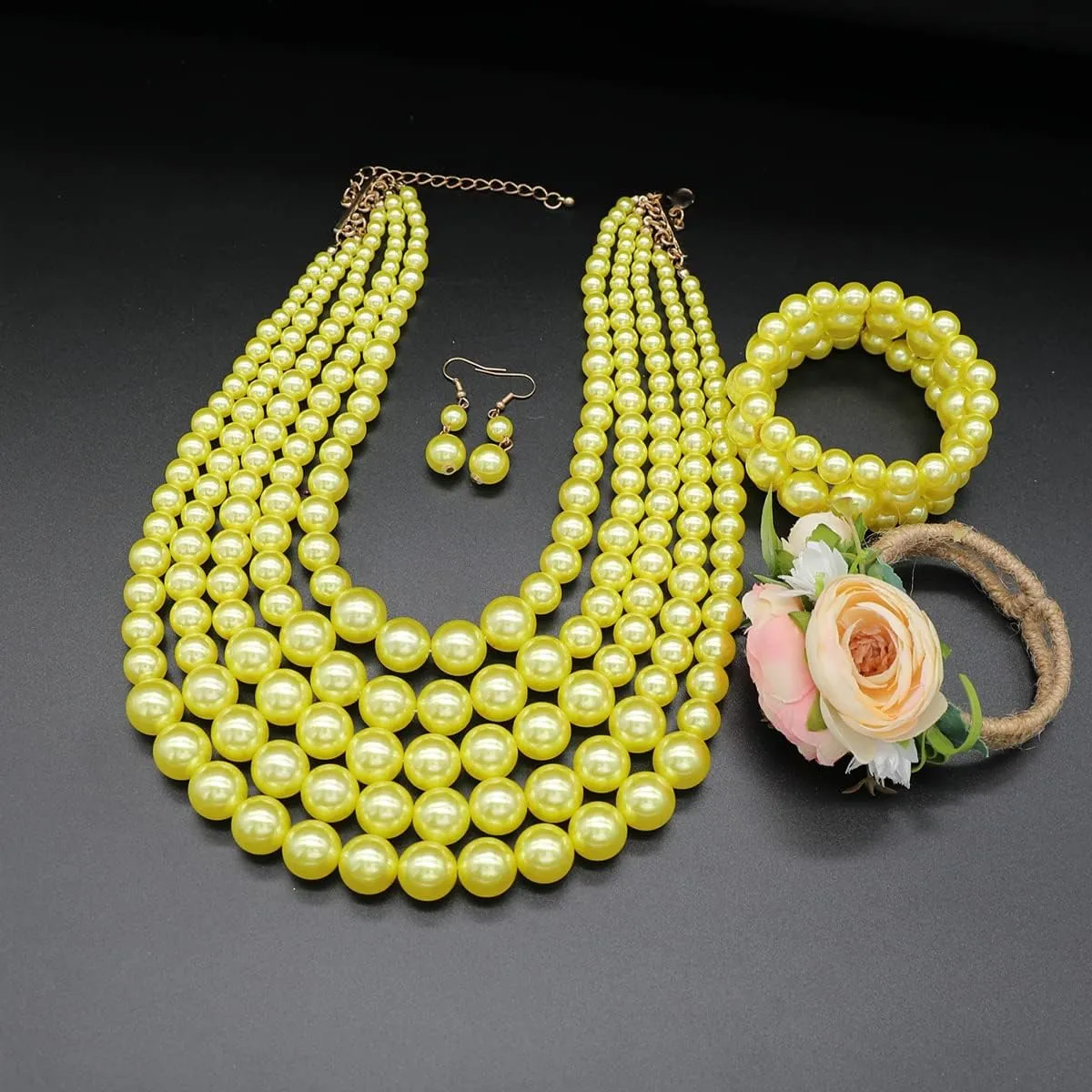 Faux Pearl Necklace Set - Multi Strand, Bib, Earrings & Bracelet - 1920s Costume Jewelry