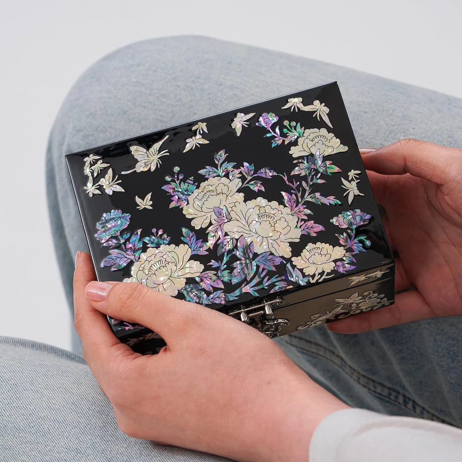 February Mountain Elegant Mother of Pearl Jewelry Organizer Box with Mirror Lid - Gifts for women birthday unique Anniversary Christams and Special Occasions