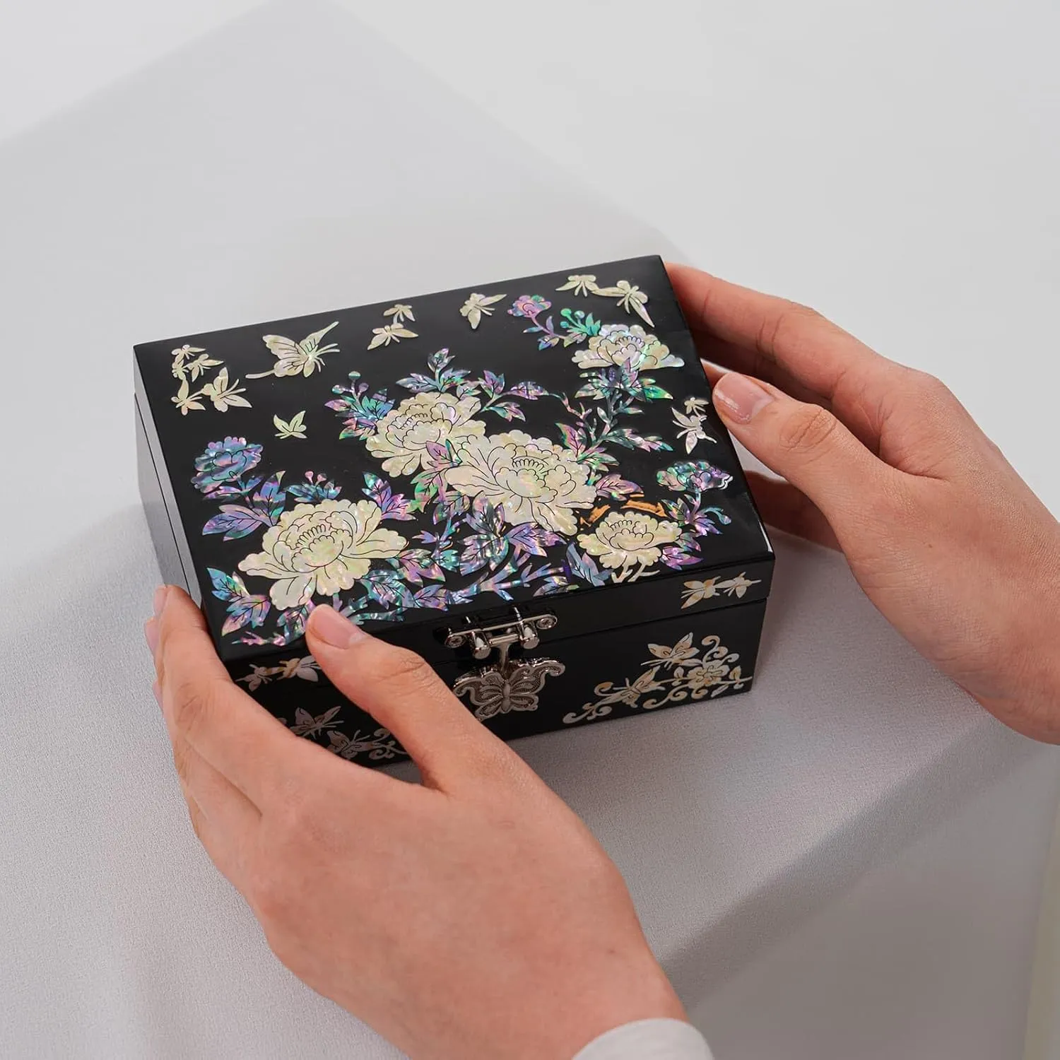 February Mountain Elegant Mother of Pearl Jewelry Organizer Box with Mirror Lid - Gifts for women birthday unique Anniversary Christams and Special Occasions