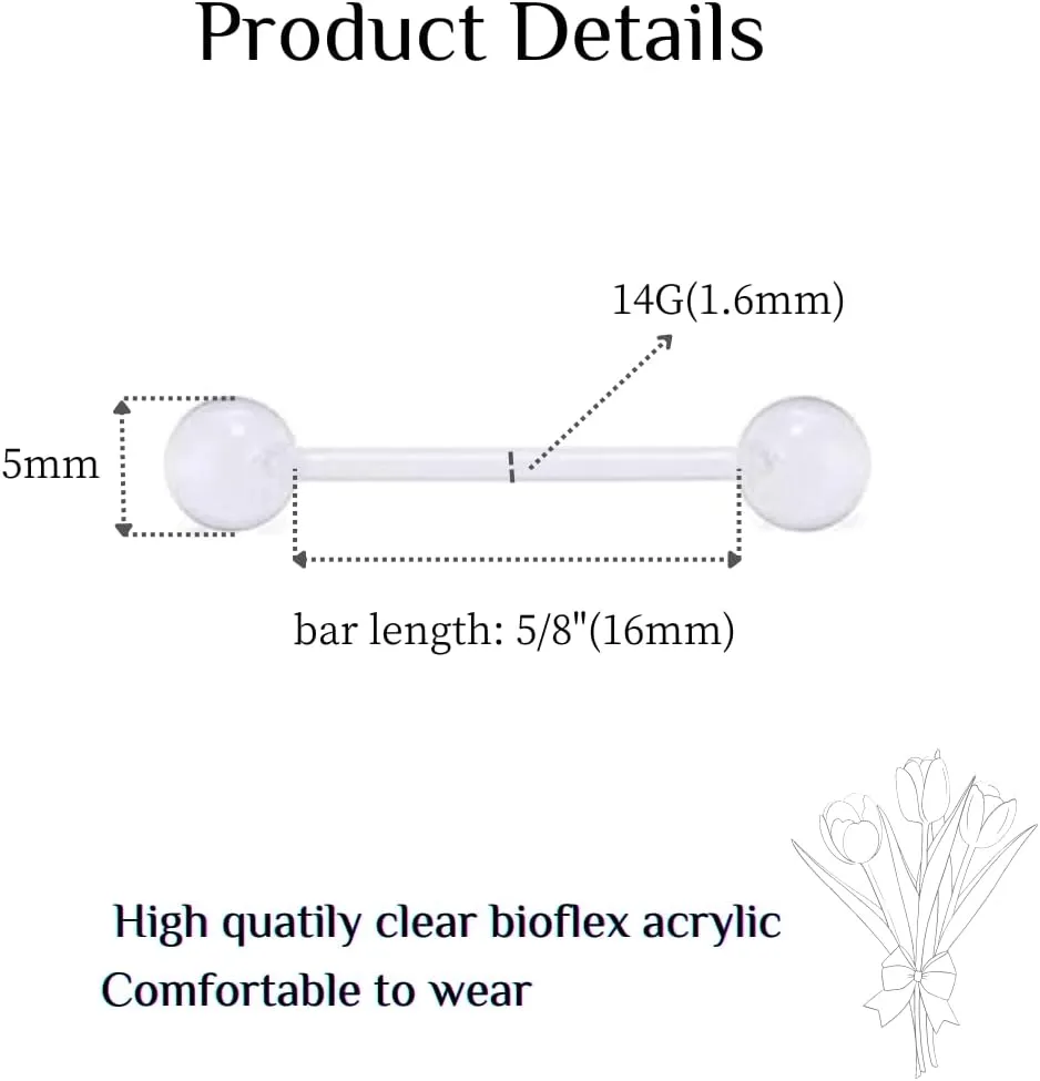 FECTAS 14G Plastic Nipple Rings for Surgery Plastic Tongue Rings Bioflex Flexible Acrylic Piercing Retainer 5 Pairs 16mm