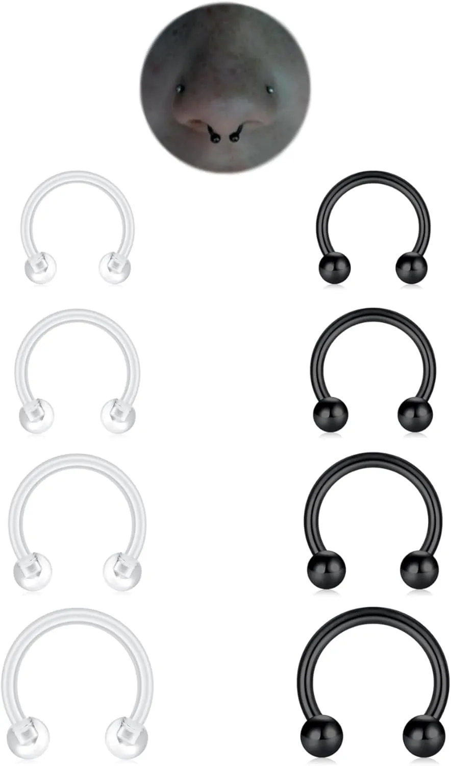 FECTAS 8Pcs 16G Septum Rings with Clear Septum Jewelry for Work/Surgery/Sports Cartilage Earrings Lip Rings 6mm 8mm 10mm 12mm
