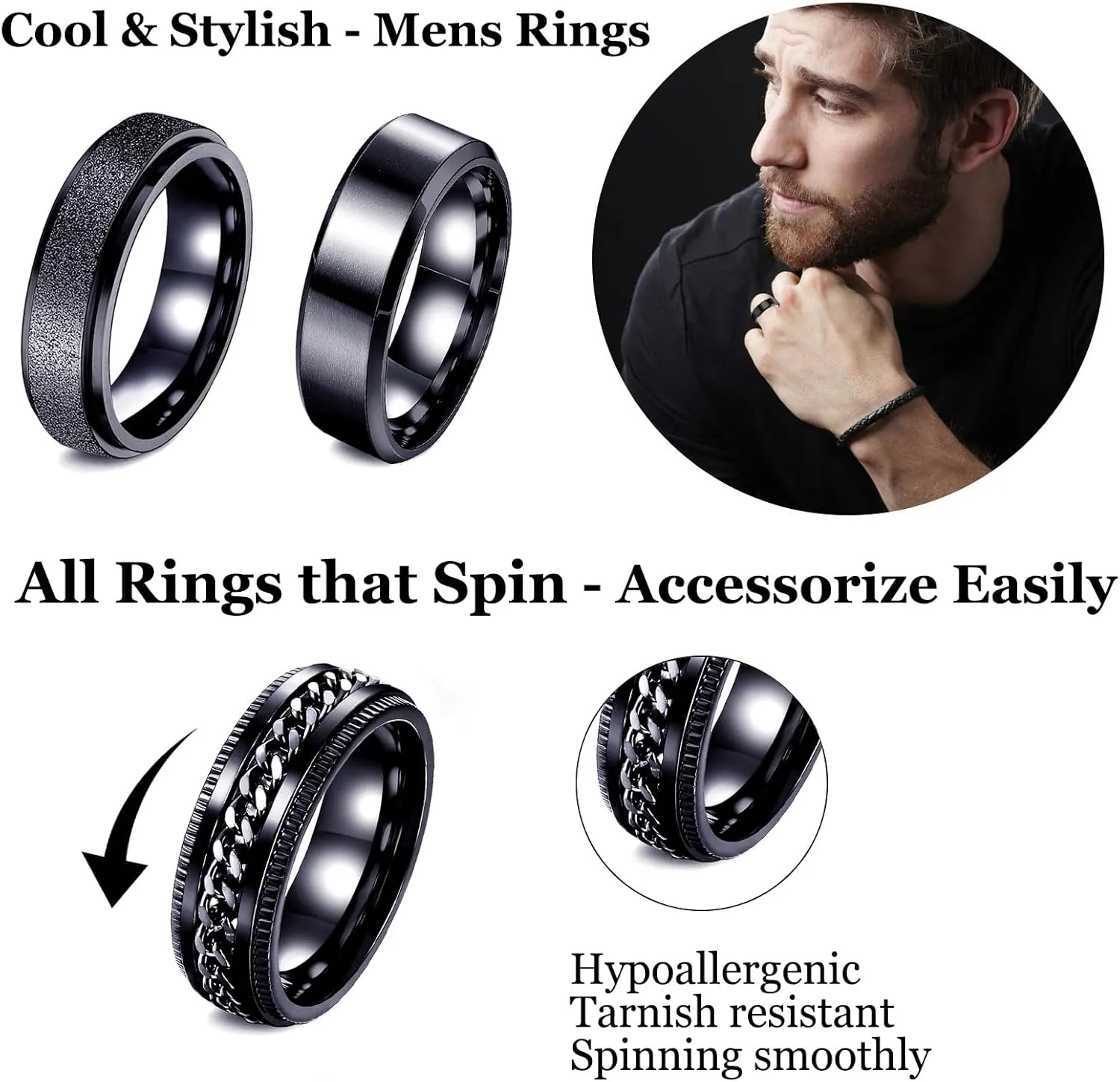 Fidget Rings for Anxiety 6pcs Stainless Steel Rings for Men Fidget Ring Black Anxiety Spinner Ring Set for Women Men