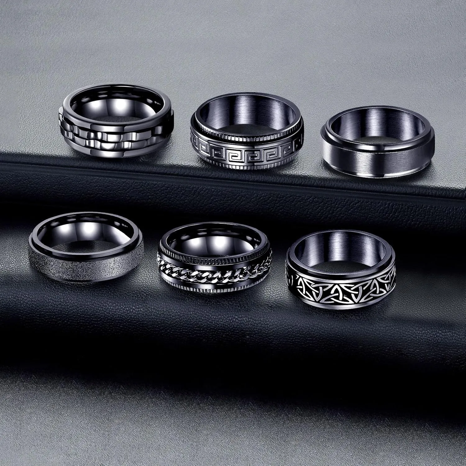 Fidget Rings for Anxiety 6pcs Stainless Steel Rings for Men Fidget Ring Black Anxiety Spinner Ring Set for Women Men
