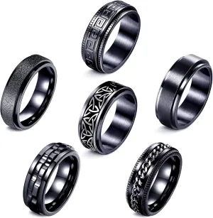 Fidget Rings for Anxiety 6pcs Stainless Steel Rings for Men Fidget Ring Black Anxiety Spinner Ring Set for Women Men