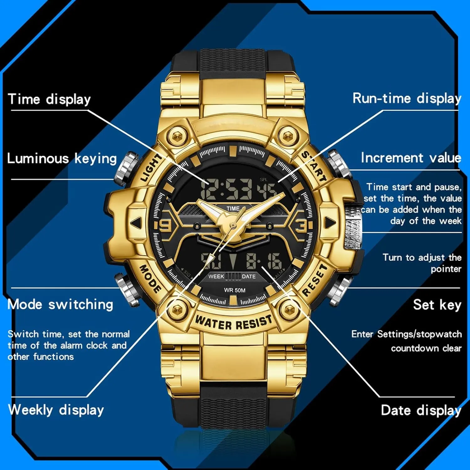findtime Cool Designer Mens Watches Blue Large Face Mascul Relojes para Hombres Unique Electronics Sports Military Bolder Running Heavy Duty Watch