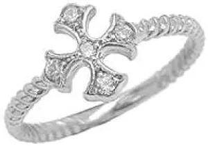 Fine Solid Sterling Silver Dainty CZ Heraldic Cross Statement Rope Ring (Size 4.25)